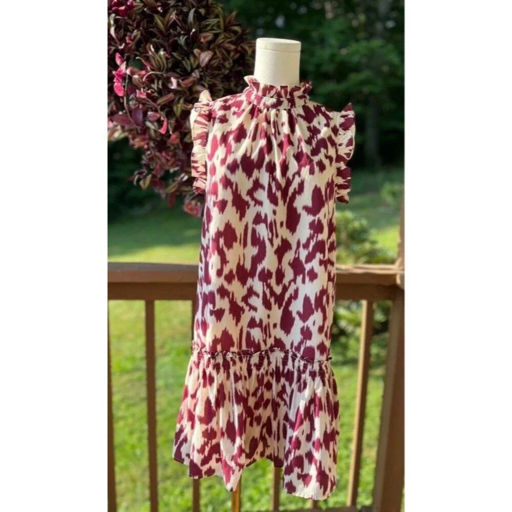 Pinch Burgundy & Ivory Abstract Print Ruffle Neck Shift Dress M